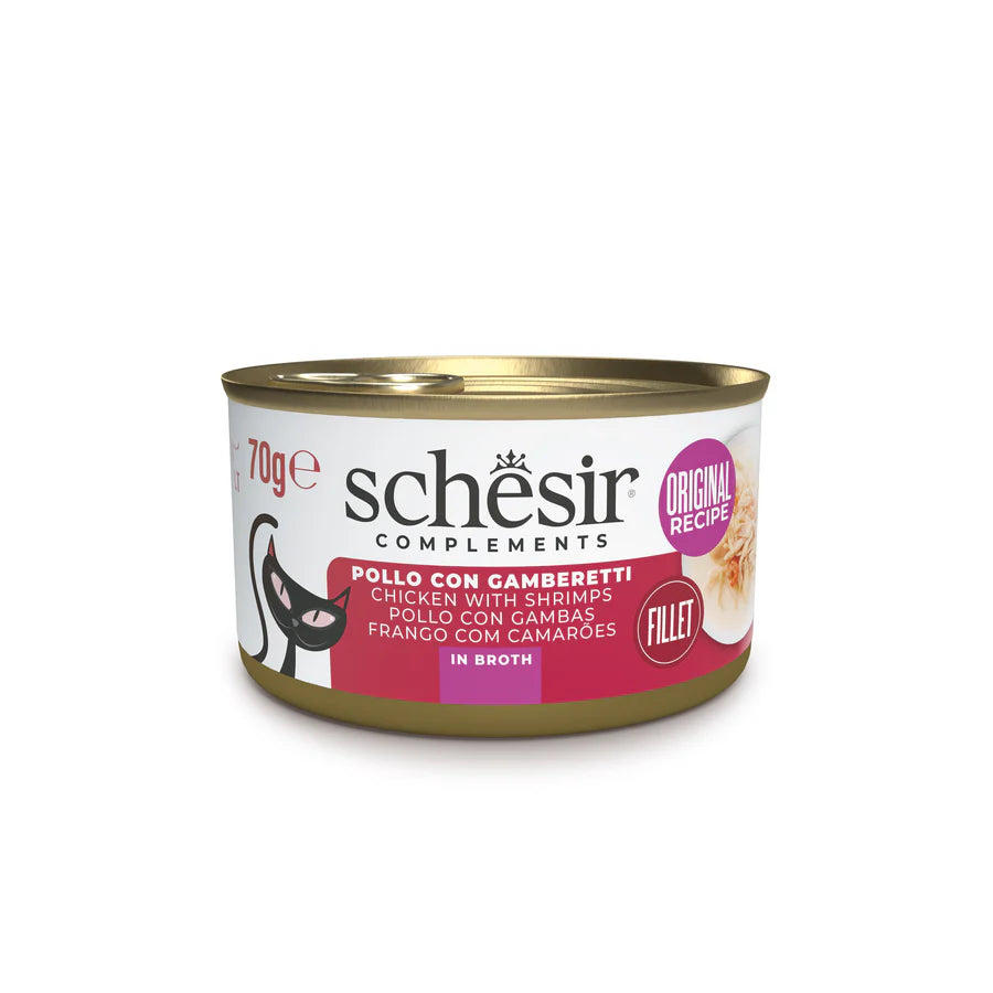 Schesir Pollo con Gamberetti in Brodo 70g Lattina Schesir Pollo con Gamberetti in Brodo 70g Lattina
